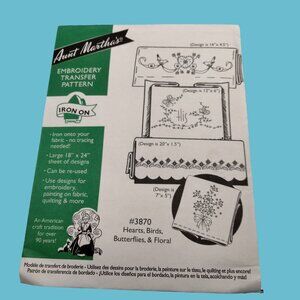 Aunt Martha Embroidery Transfer Pattern 3870 Heart Bird Butterfly Floral Border